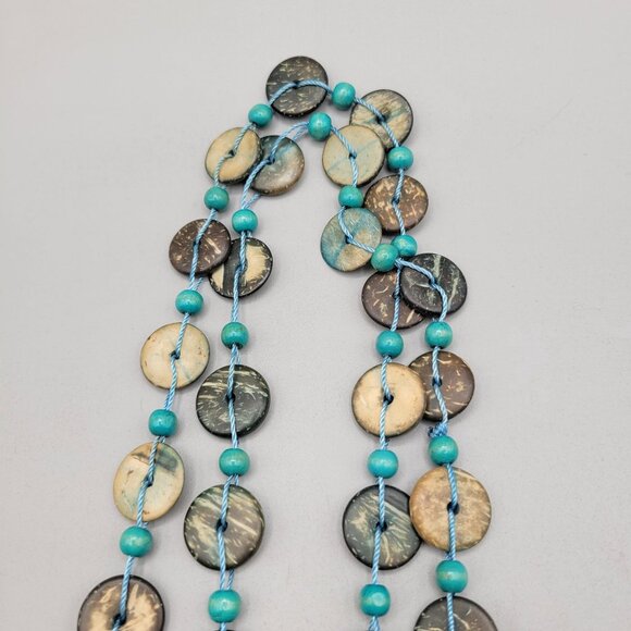 Coconut Disk Beaded Necklace Boho Style Handmade 56 Inch - Picture 3 of 6
